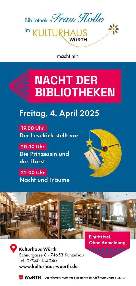 Wir feiern die Nacht der Bibliotheken am 4. April 2025 von 19 bis 23 Uhr.